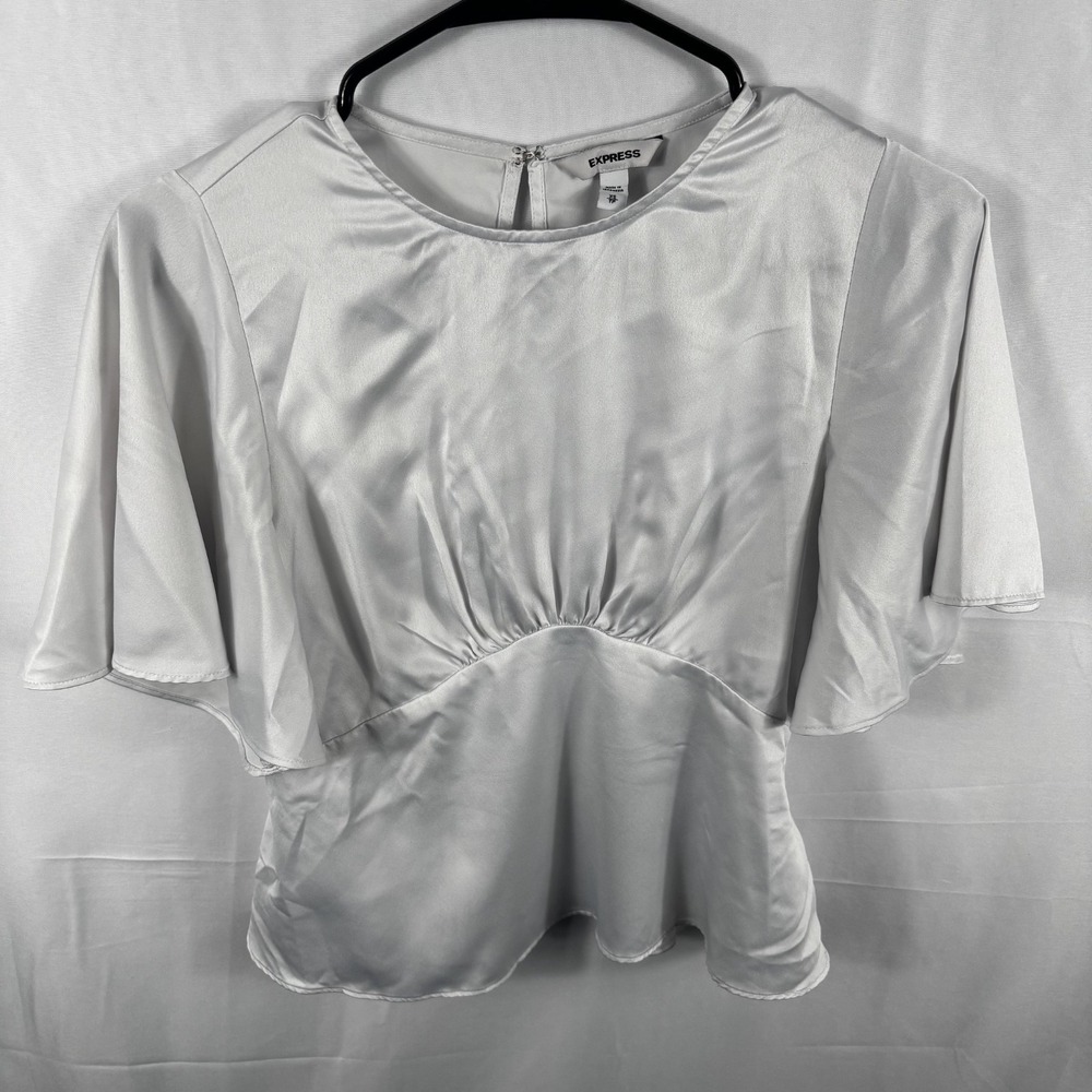 Express White Satin Flutter Sleeve Cinched Waist Top